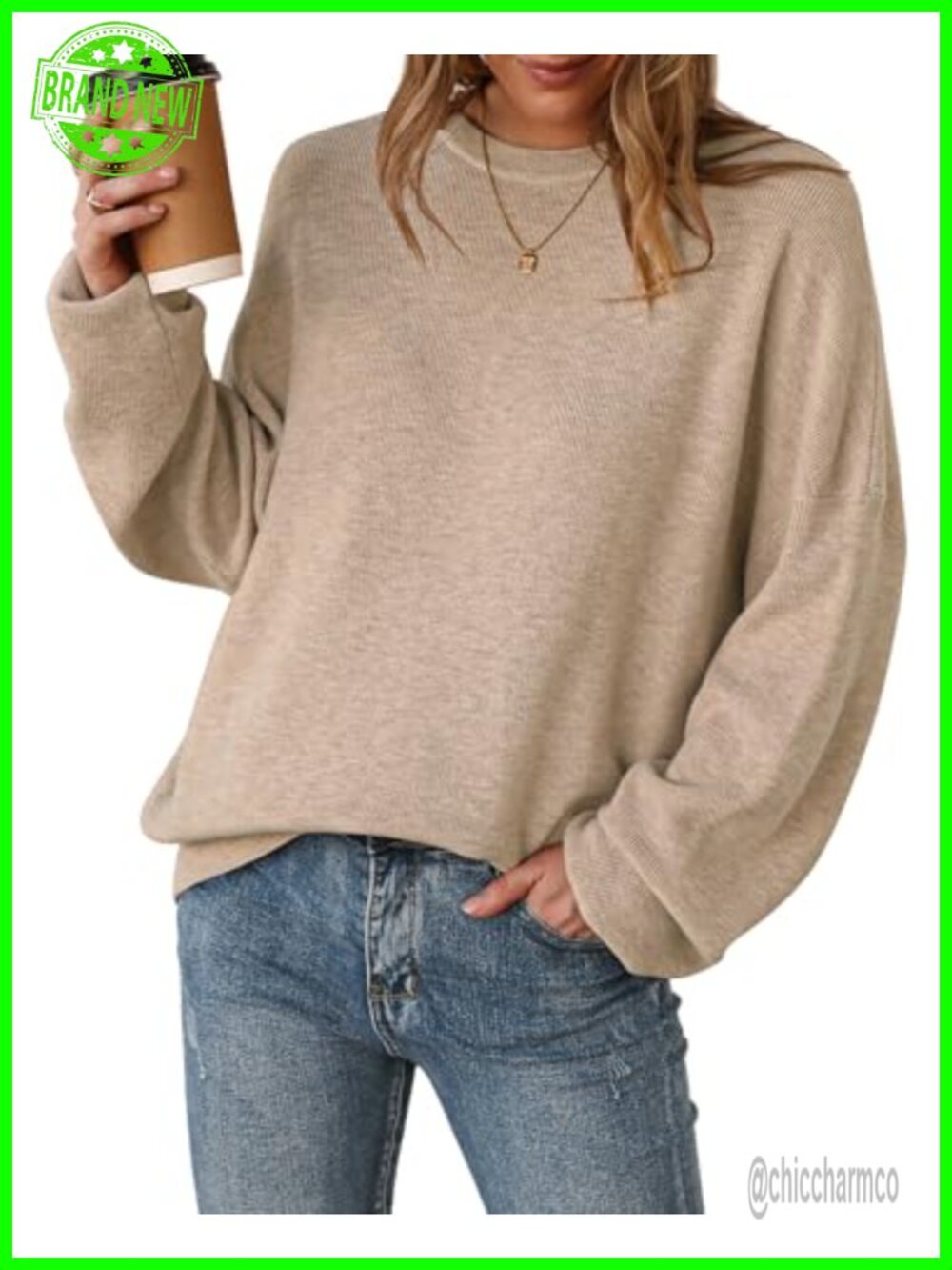 Wool Blend Oversized Sweater Pullover Crewneck Long Sleeve Ribbed